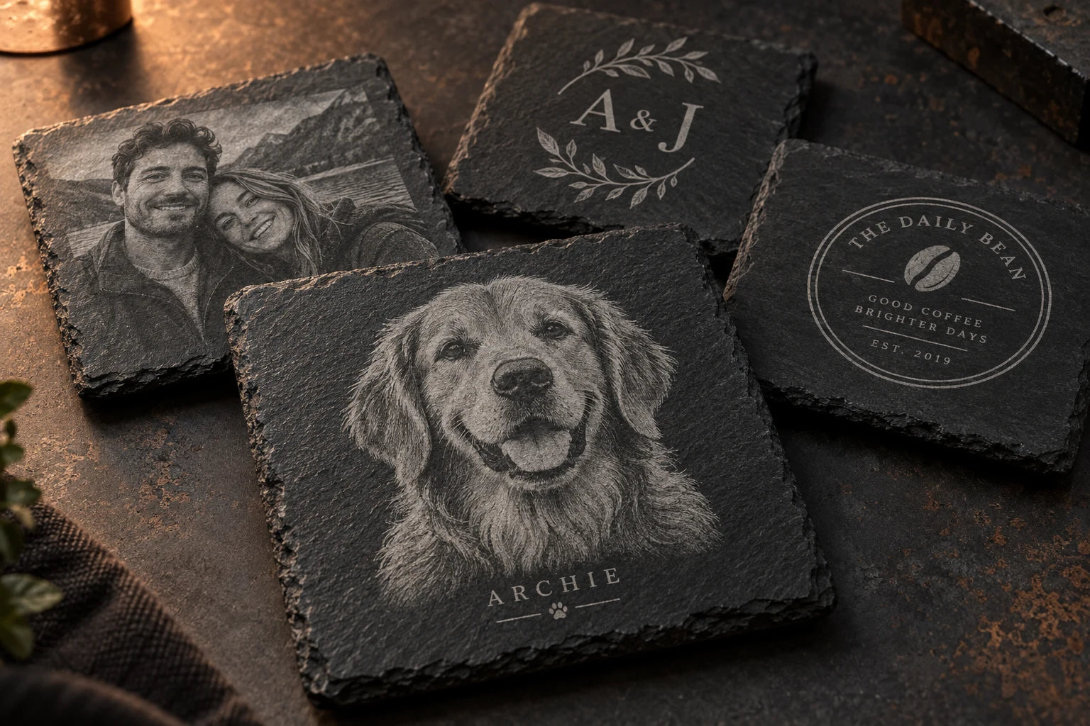 Illustrative slate coaster designs: a dog portrait, a family photograph, initials and a café logo.